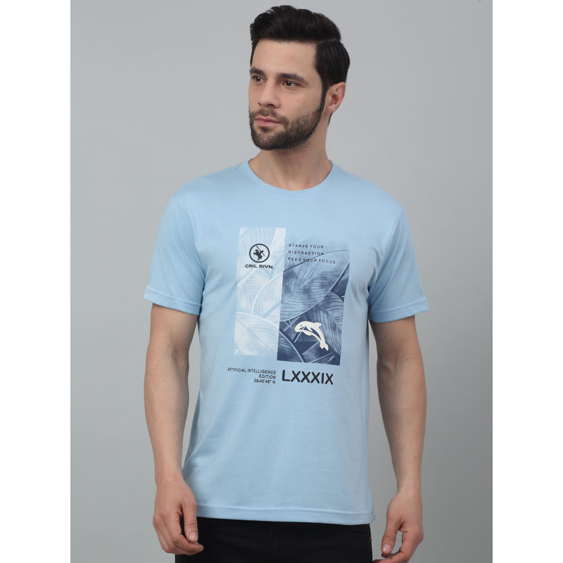 Cantabil Men Sky Blue Graphic Round Neck Half Sleeves T-Shirt (L)