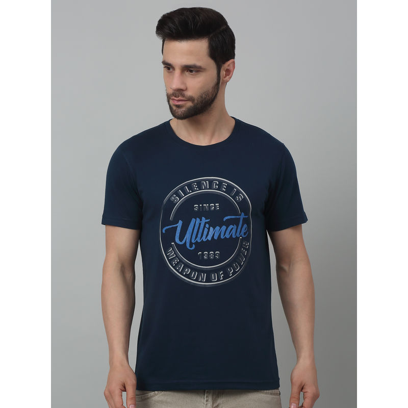 Cantabil Men Teal Blue Typography Round Neck Half Sleeves T-Shirt (L)