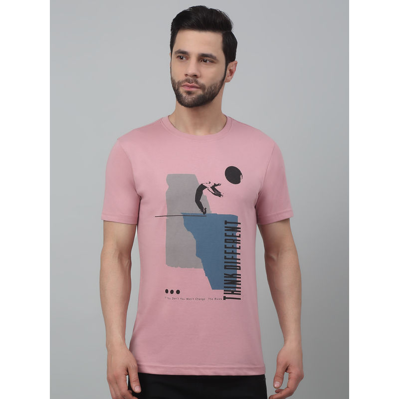 Cantabil Men Pink Graphic Round Neck Half Sleeves T-Shirt (L)