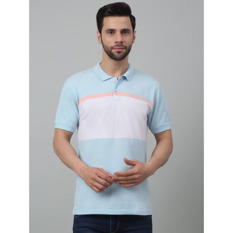 Cantabil Men Sky Blue Color Block Polo Neck Half Sleeves T-Shirt (M)