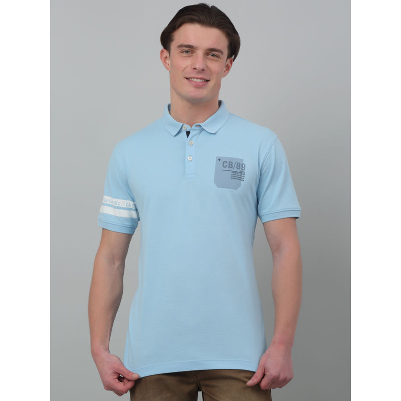 Cantabil Men Sky Blue Solid Polo Neck Half Sleeves T-Shirt (M)