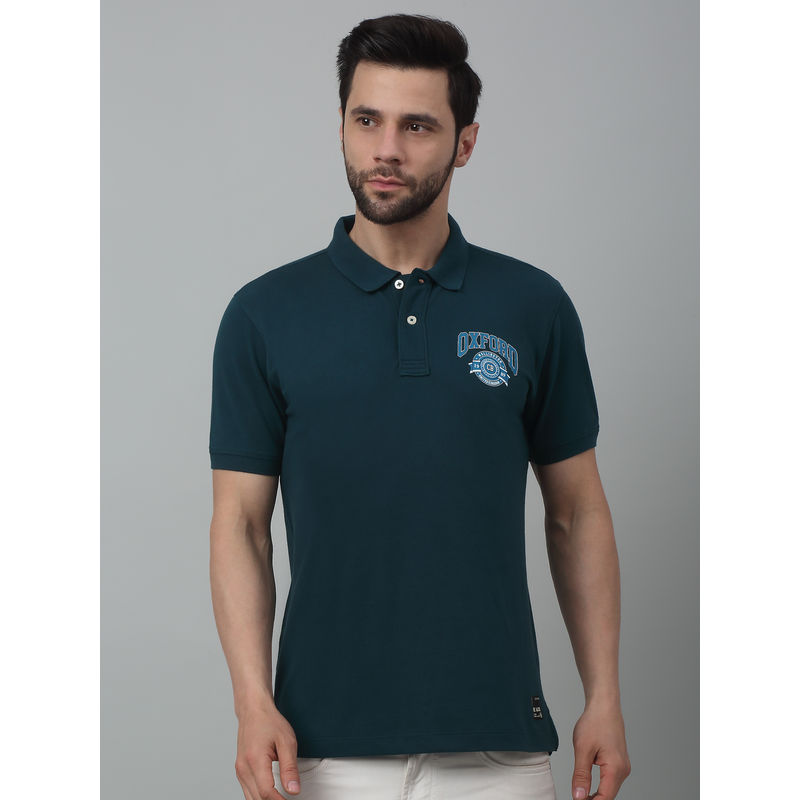 Cantabil Men Teal Blue Solid Polo Neck Half Sleeves T-Shirt (M)