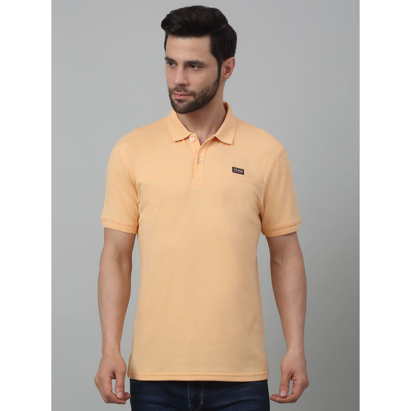 Cantabil Men Peach Self Design Polo Neck Half Sleeves T-Shirt (M)