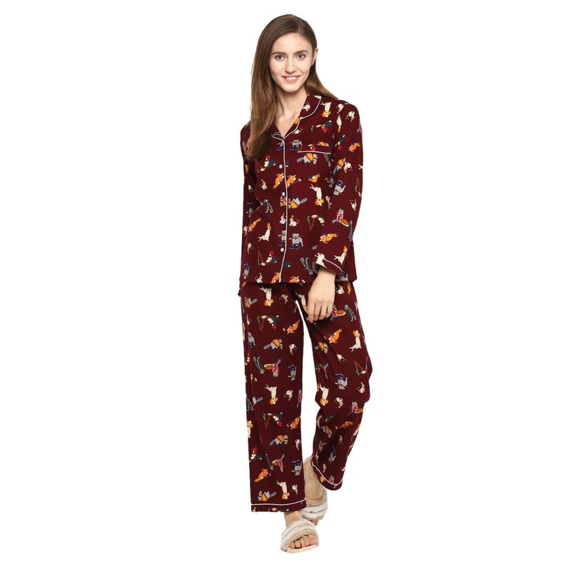 Shopbloom Dog Print Cotton Flannel Long Sleeve Women's Night Suit - Maroon (XL)