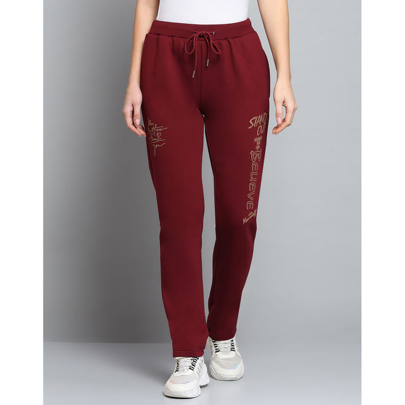 Monte Carlo Women Printed Wine Drawstring Mid Rise Regular Fit Trackpant (M)