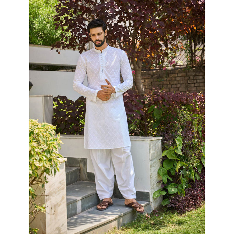 Buy See Designs Men White Chikankari Embroidered Straight Kurta with White Salwar Set of 2 Online