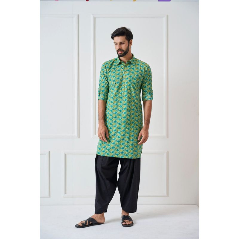 Men Green Regular Pure Cotton Pathani Kurta With White Salwar