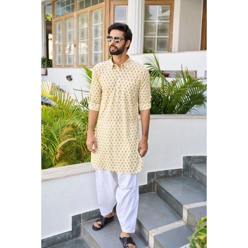 Men Yellow Regular Pure Cotton Pathani Kurta With White Salwar