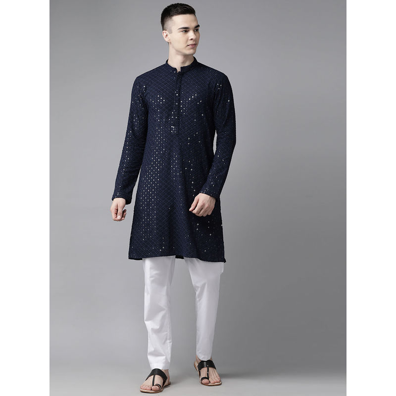 See Designs Men Navy Blue Embroidered Sequined Rayon Kurta (S)