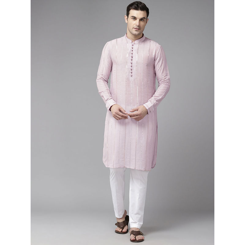 See Designs Men Mauve Embroidered Silk Sequined Design Straight Kurta (M)