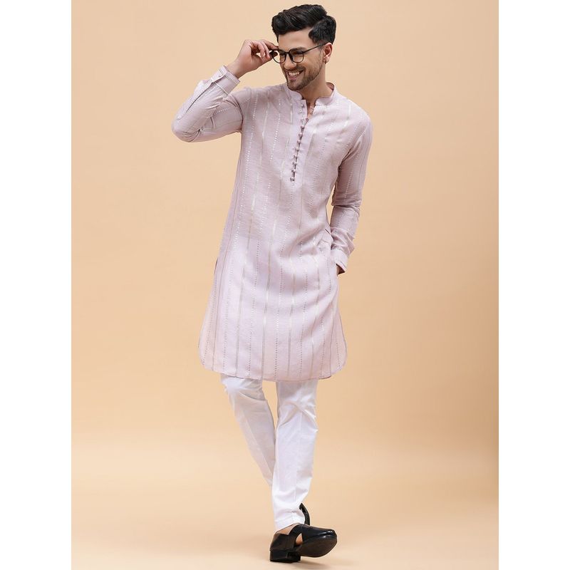 See Designs Mens Lavender Zari Wark Silk Woven Design Straight Kurta with Pyjama (Set of 2) (L)