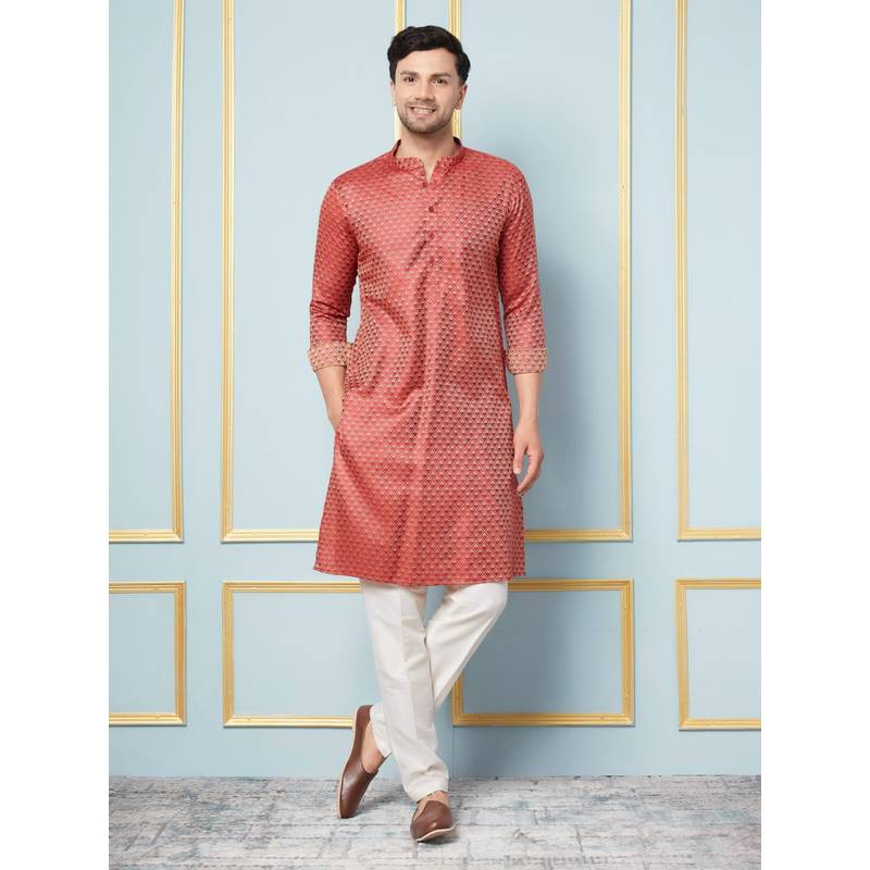 Men Purple & Beige Woven Design Thread Work Kurta