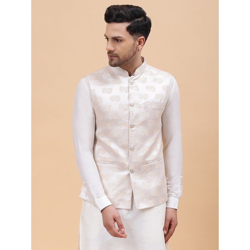 Men Gold & White Woven Jacquard Neharu Jacket