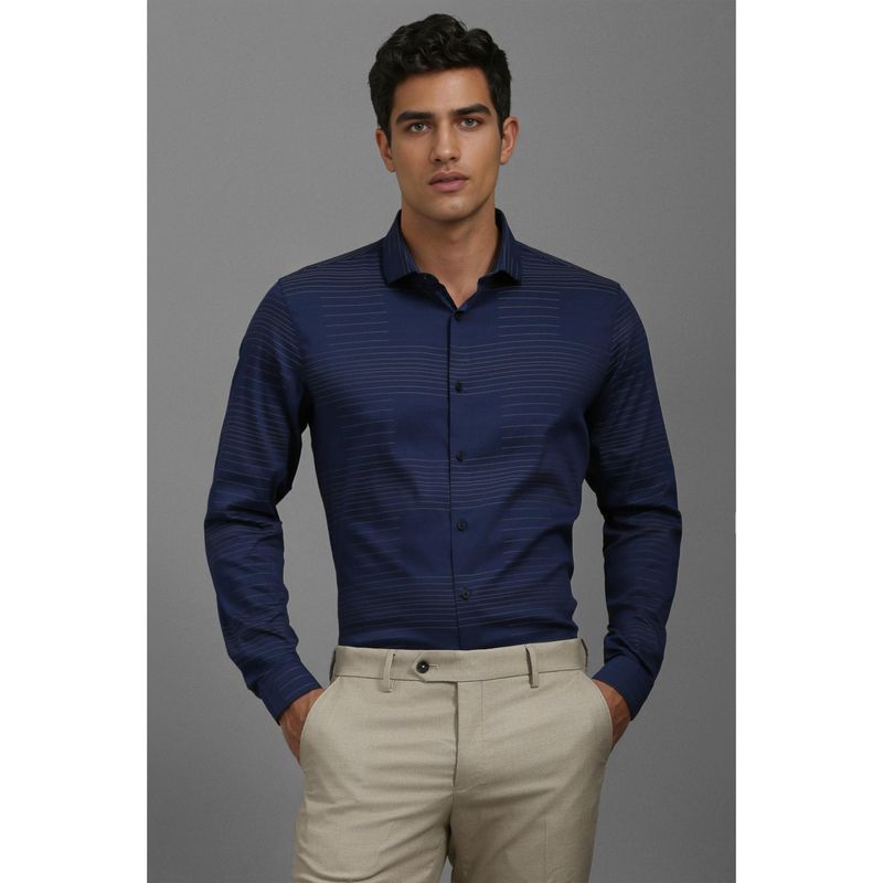 Louis Philippe Men Navy Super Slim Fit Stripe Full Sleeves Party Shirt (39)