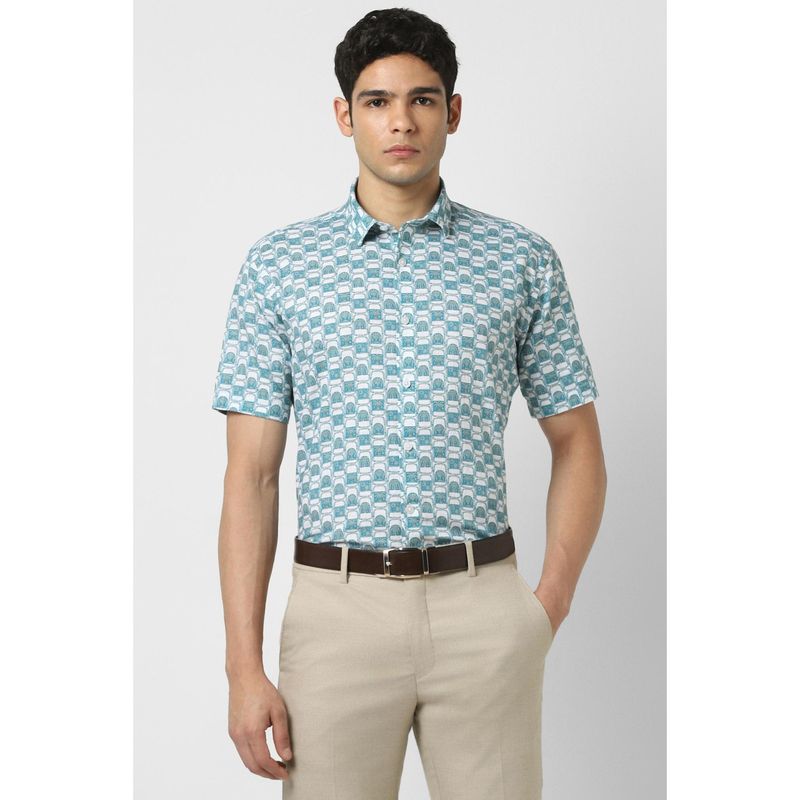 Van Heusen Men Blue Slim Fit Print Half Sleeves Party Shirt (39)
