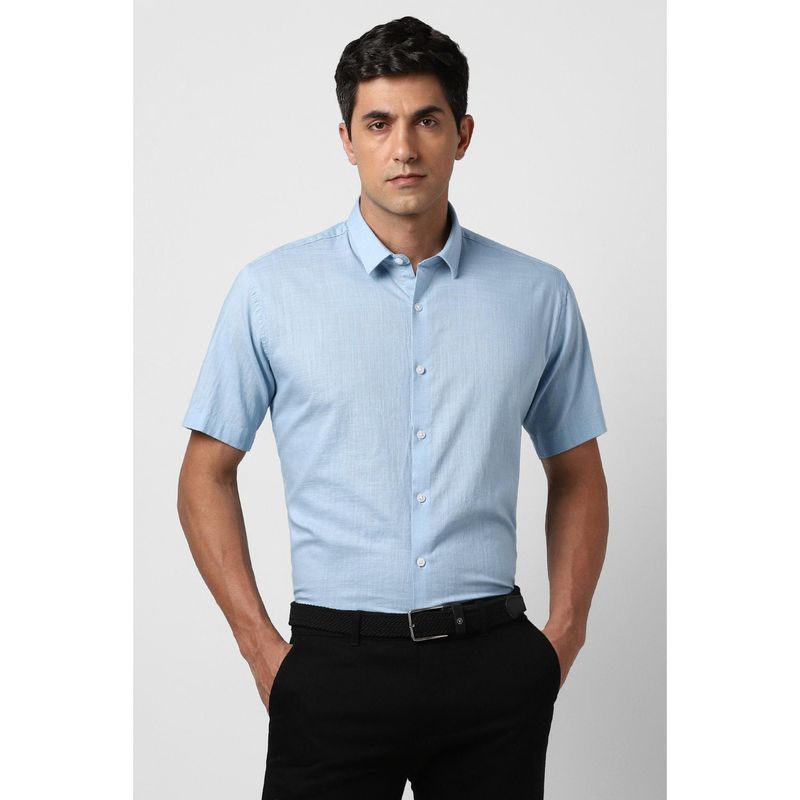 Van Heusen Men Light Blue Slim Fit Textured Half Sleeves Party Shirt (39)