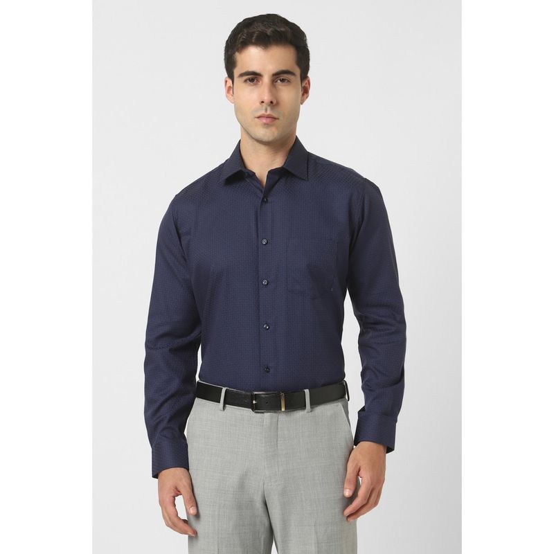 Van Heusen Men Navy Blue Regular Fit Print Full Sleeves Wedding Shirt (40)