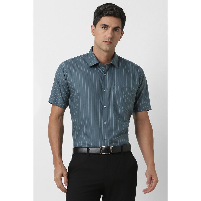 Van Heusen Men Grey Regular Fit Stripe Half Sleeves Formal Shirt (44)