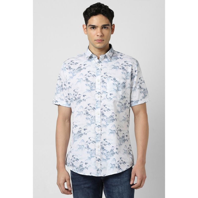 Van Heusen Men White Slim Fit Print Half Sleeves Casual Shirt (38)