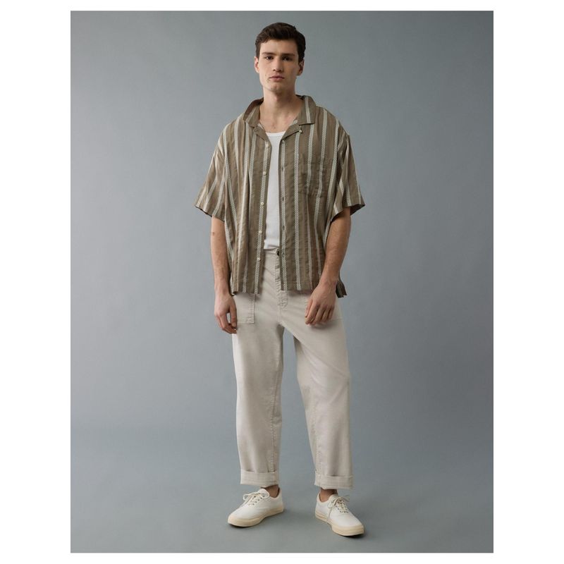 American Eagle Men Green Poolside Striped Button-Up Shirt (XS)