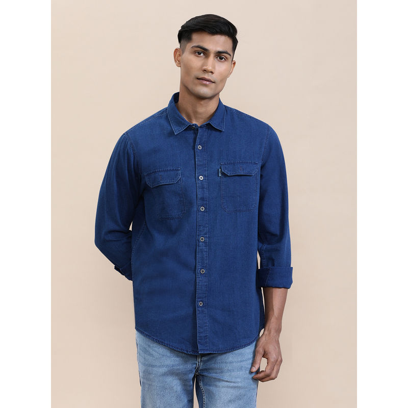 Crocodile Mens Blue Collar Textured Denim Washed Full Sleeve Casual Shirt (40)