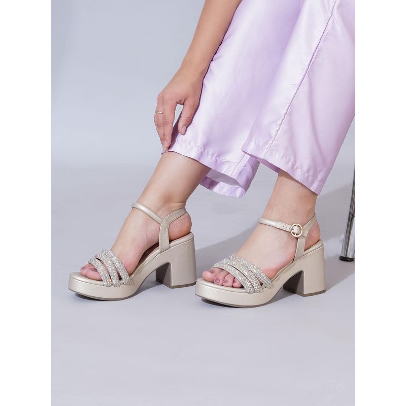 Shoetopia Gold Triple Strap Block Heel Sandals For Women (EURO 36)