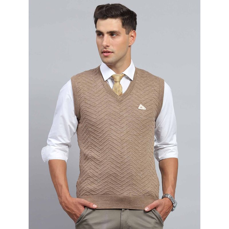 Monte Carlo Mens Self Design Brown V Neck Sleeveless Sweater (3XL)