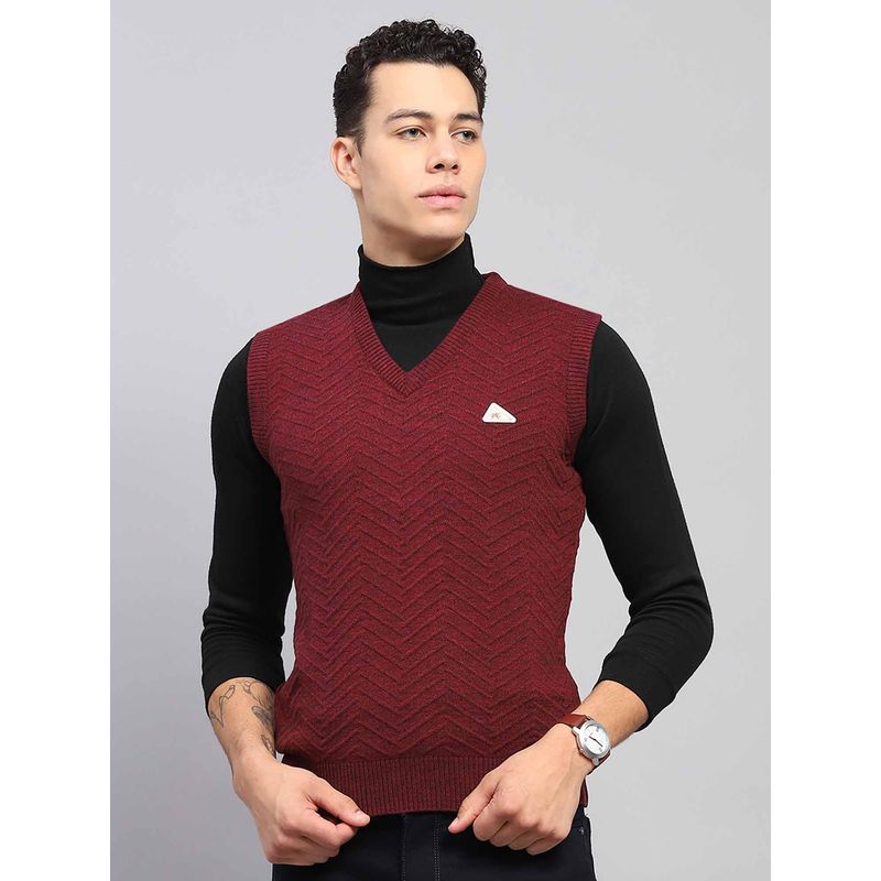 Monte Carlo Mens Self Design Maroon V Neck Sleeveless Sweater (2XL)