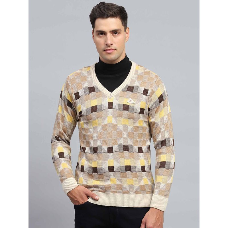 Monte Carlo Mens Check Beige V Neck Full Sleeve Pullover Sweater (L)
