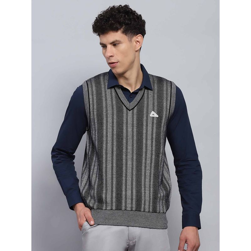 Monte Carlo Mens Self Design Grey V Neck Sleeveless Sweater (2XL)