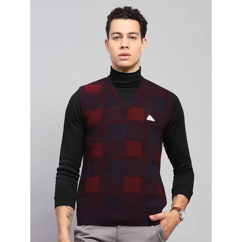 Monte Carlo Mens Self Design Wine V Neck Sleeveless Sweater (XL)