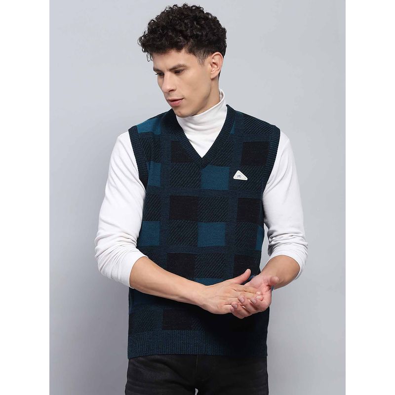 Monte Carlo Mens Self Design Navy Blue V Neck Sleeveless Sweater (3XL)