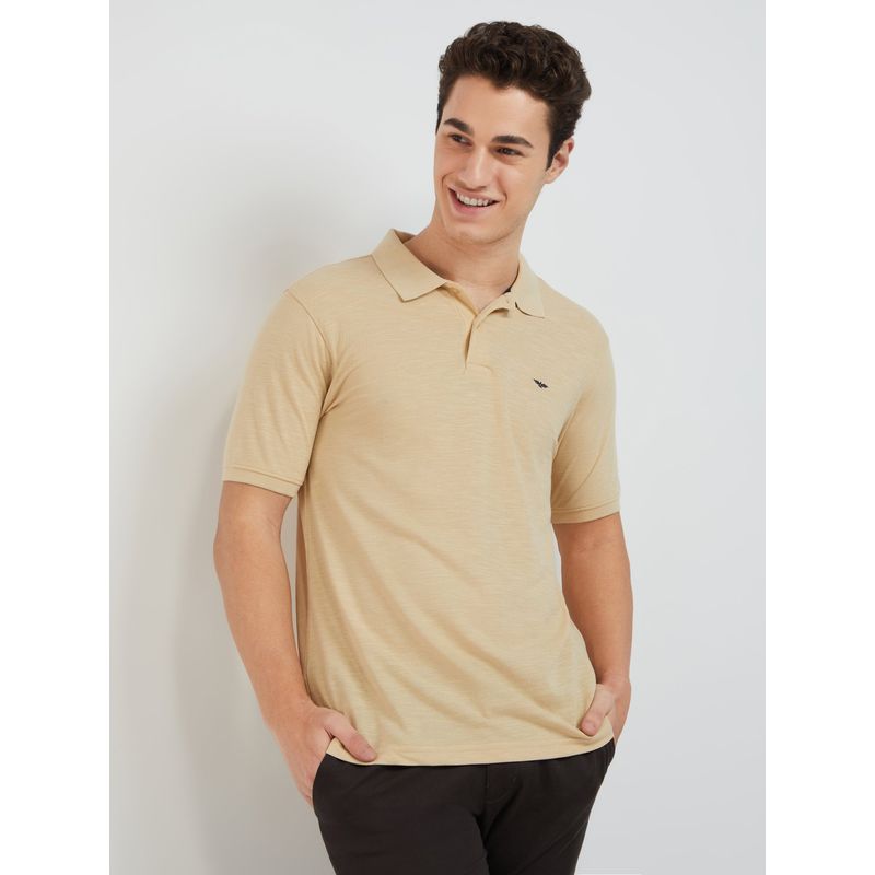 Park Avenue Beige Slim Fit Solid Polo T-Shirt (L)
