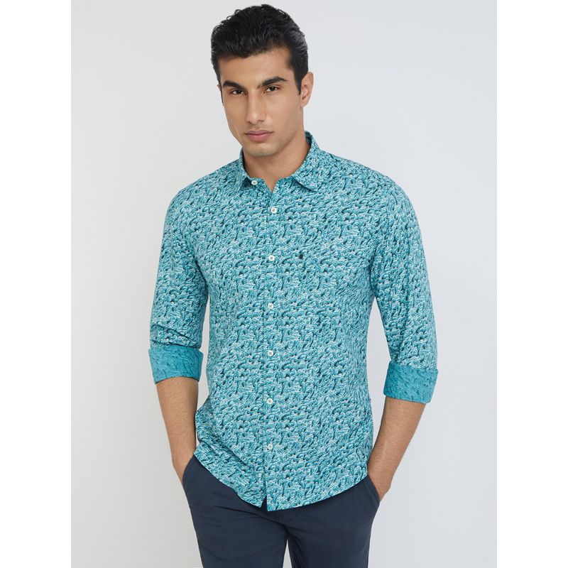 Parx Slim Fit Printed Blue Shirt (S)