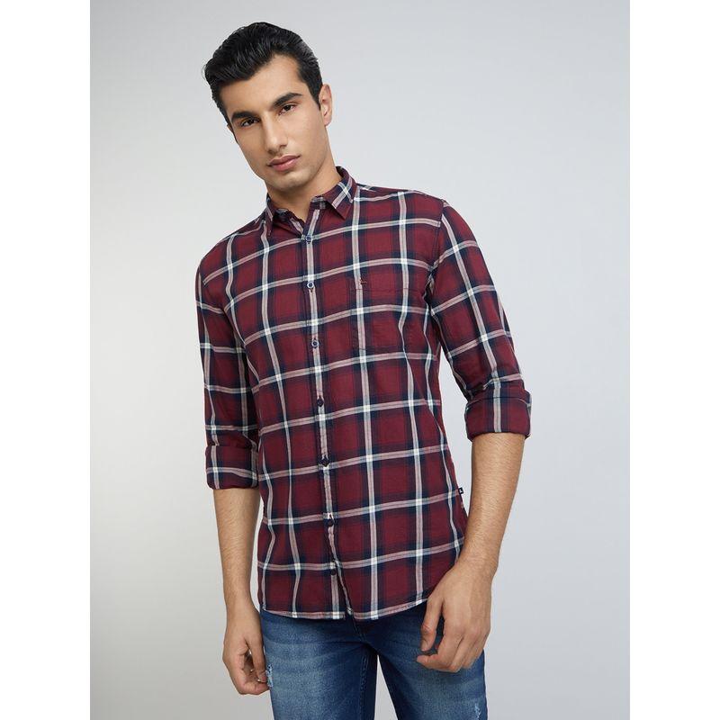 Parx Slim Fit Checkered Dark Red Shirt (40)