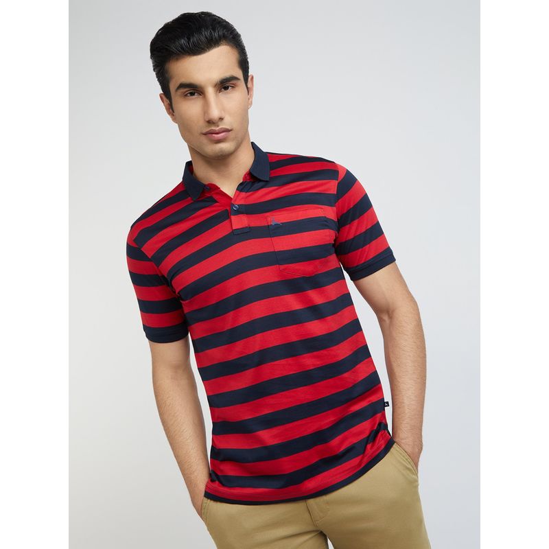 Parx Regular Fit Striped Medium Red Polo T-Shirt (S)