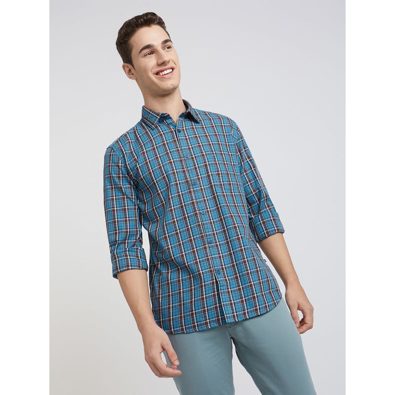 Parx Slim Fit Checkered Medium Blue Shirt (39)