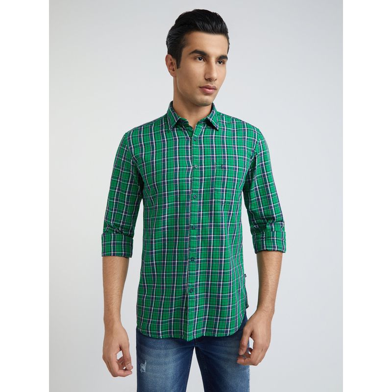 Parx Slim Fit Checkered Medium Green Shirt (40)