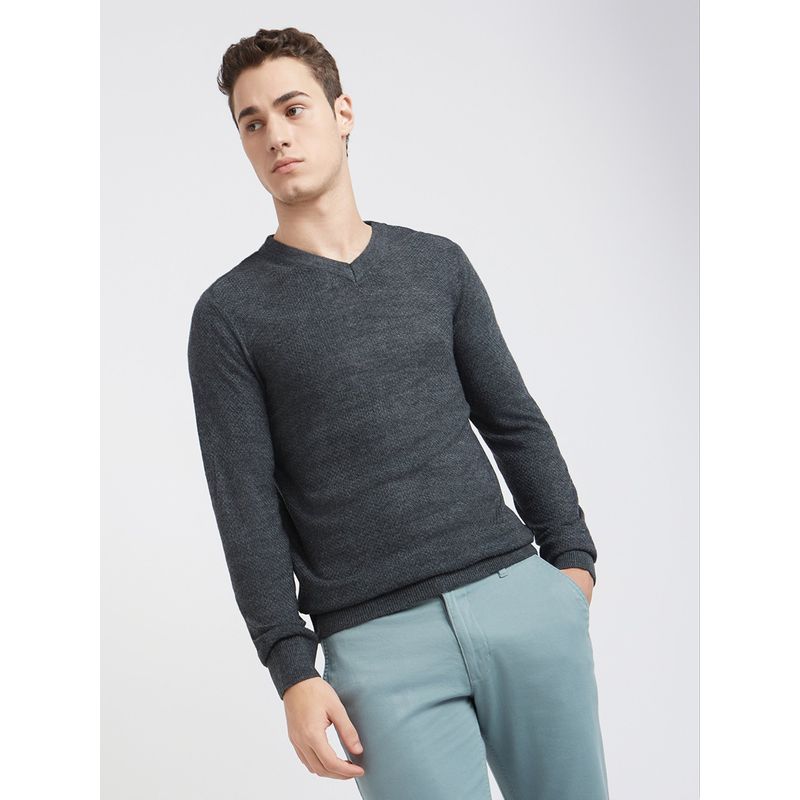 Parx Regular Fit Self Design Dark Grey Sweater (2XL)