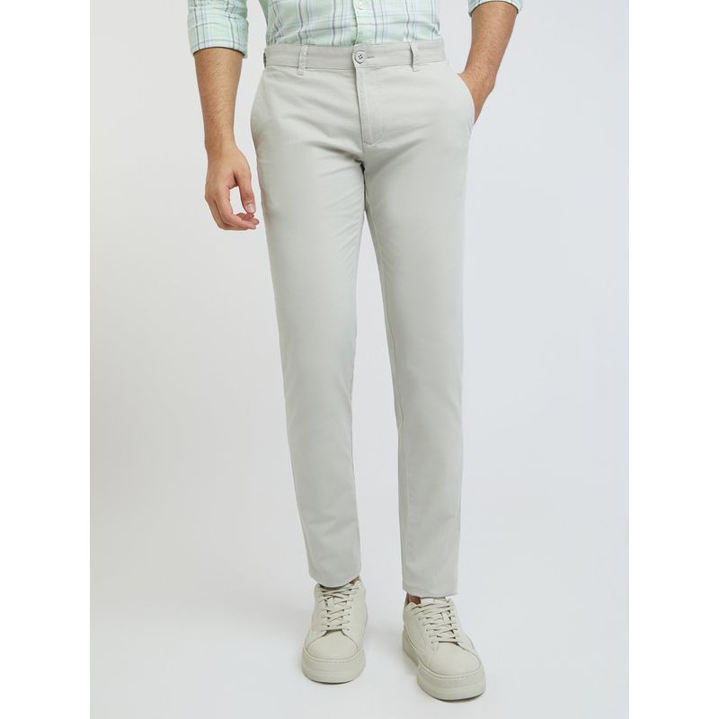 Buy Parx Tapered Fit Solid Light Grey Casual Trouser Online