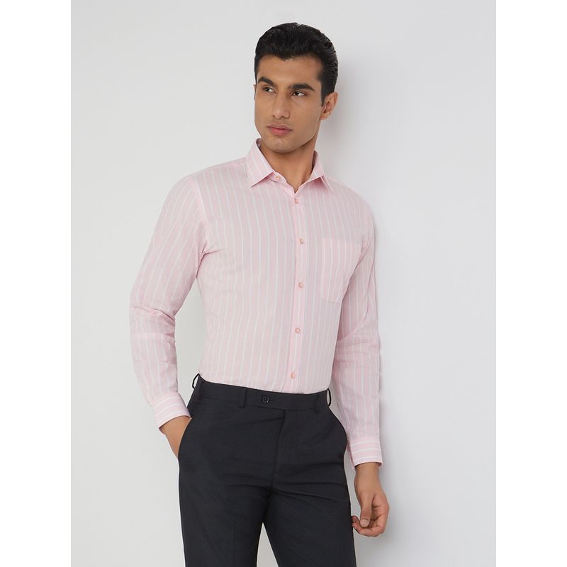Raymond Men Slim Fit Cotton Stripes Pink Formal Shirt (39)