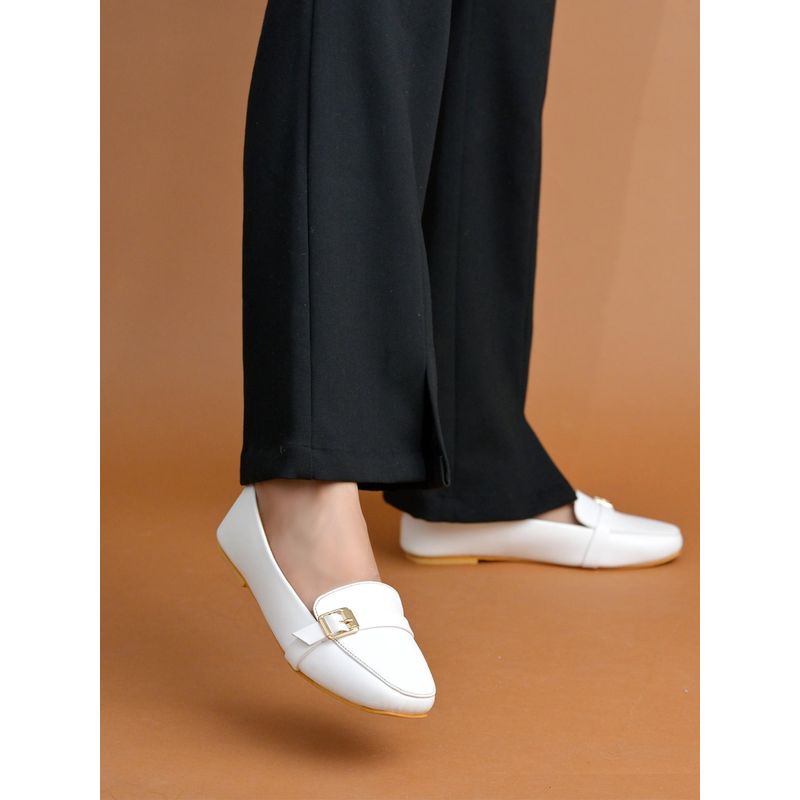 Shoetopia Square Toe Buckle Detailed White Ballerinas for Women (EURO 37)