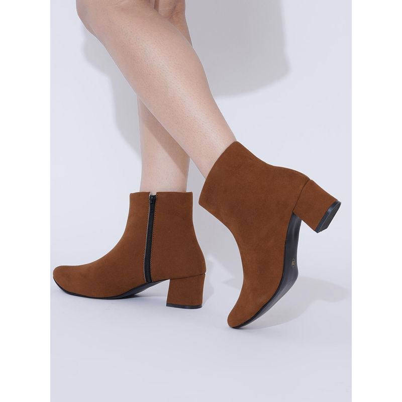 Shoetopia Tan Block Heel Casual Boots with Side Zipper for Women (EURO 36)