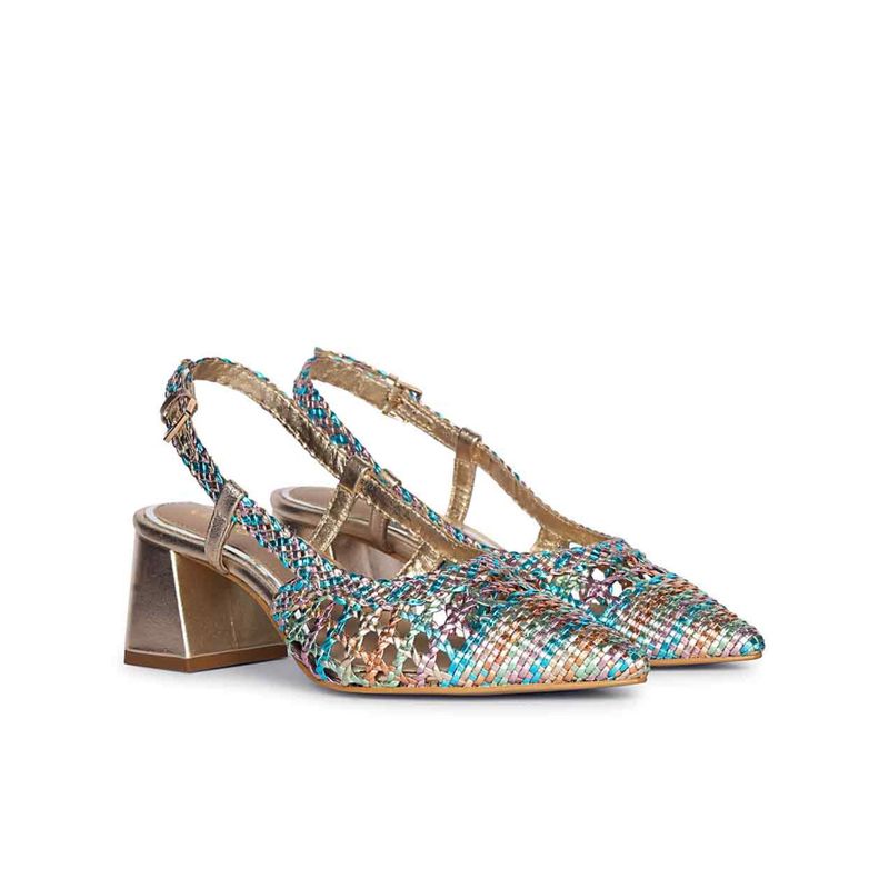 Saint G Women Turquoise Multi Hand Woven Leather Block Sandal Heels (EURO 36)