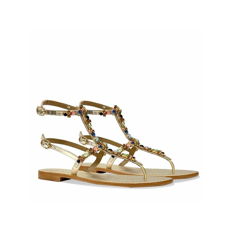 Saint G Women Multi Stone Embellished Platin Gold Leather Sandals (EURO 36)