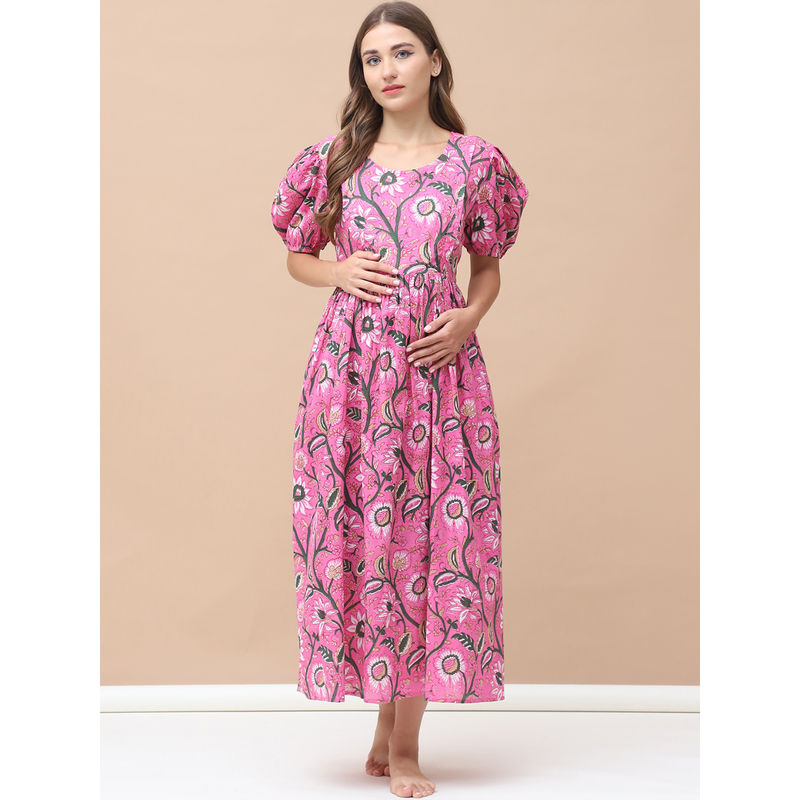 Secret Wish Floral Print Pink Cotton Maternity Nightdress (L)