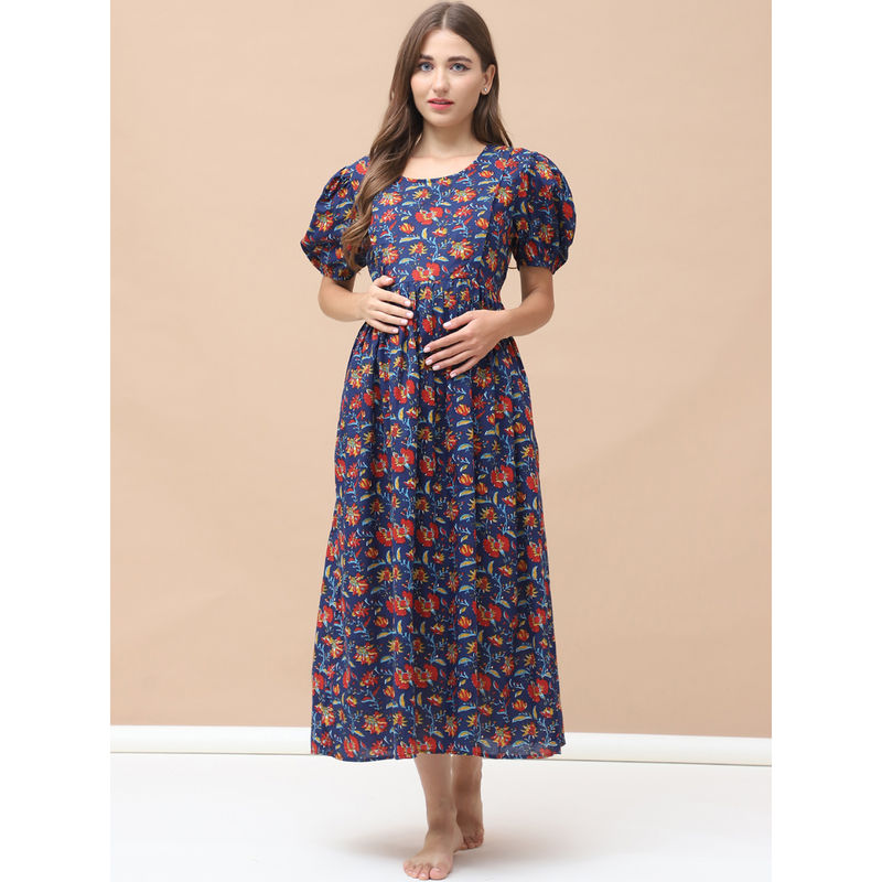 Secret Wish Floral Print Navy Blue Cotton Maternity Nightdress (XL)