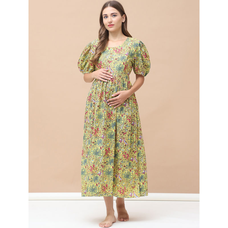 Secret Wish Floral Print Yellow Cotton Maternity Nightdress (XL)