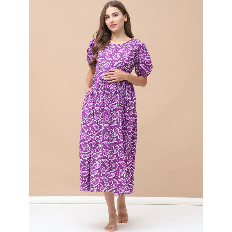 Secret Wish Printed Purple Cotton Maternity Nightdress (XL)