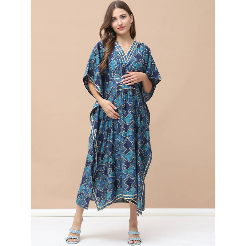 Secret Wish Geometric Print Dark Blue Chanderi Silk Maternity Kaftan Dress (M)